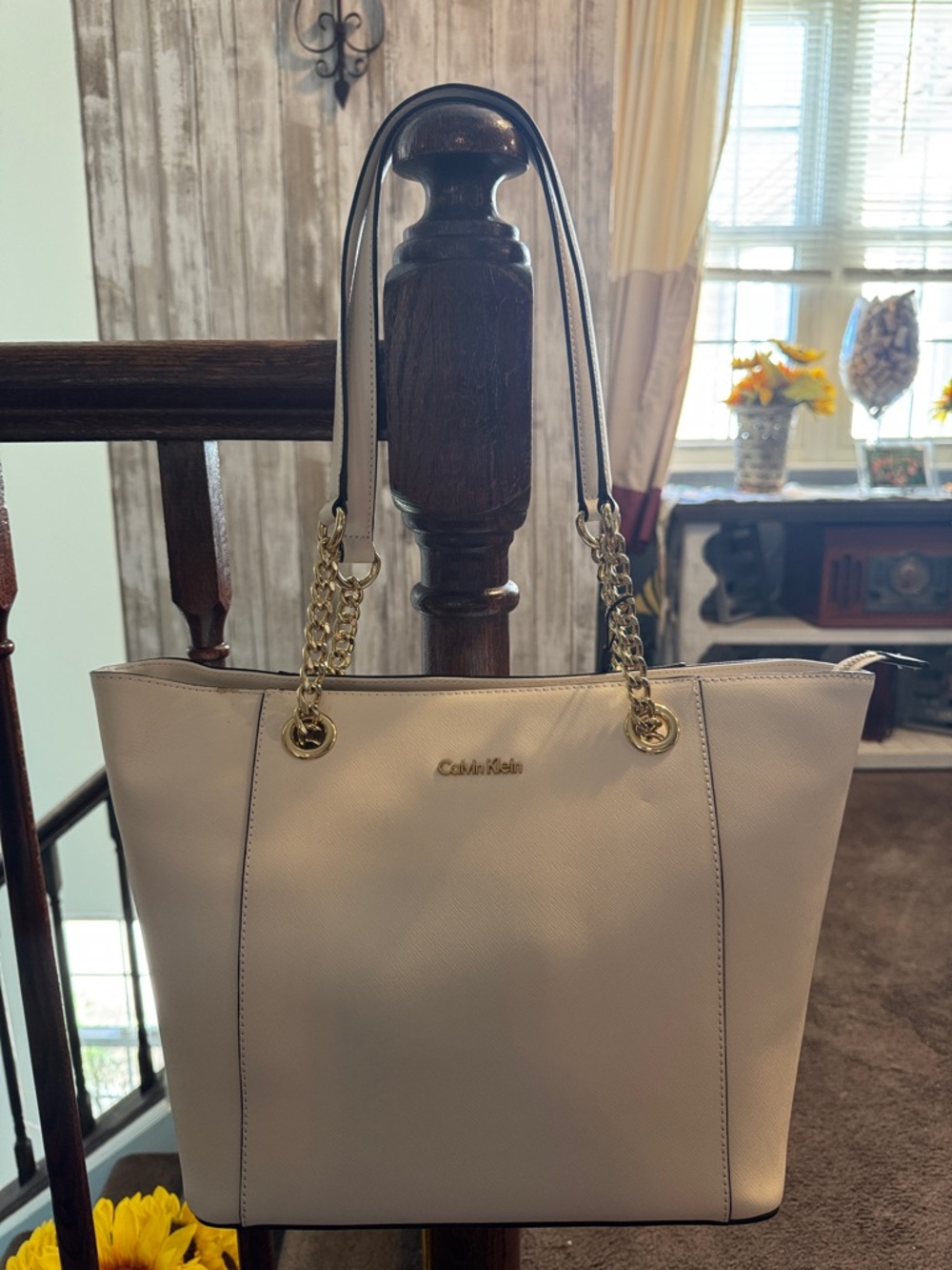 Calvin Klein Ivory Tote with Gold Chain Handles